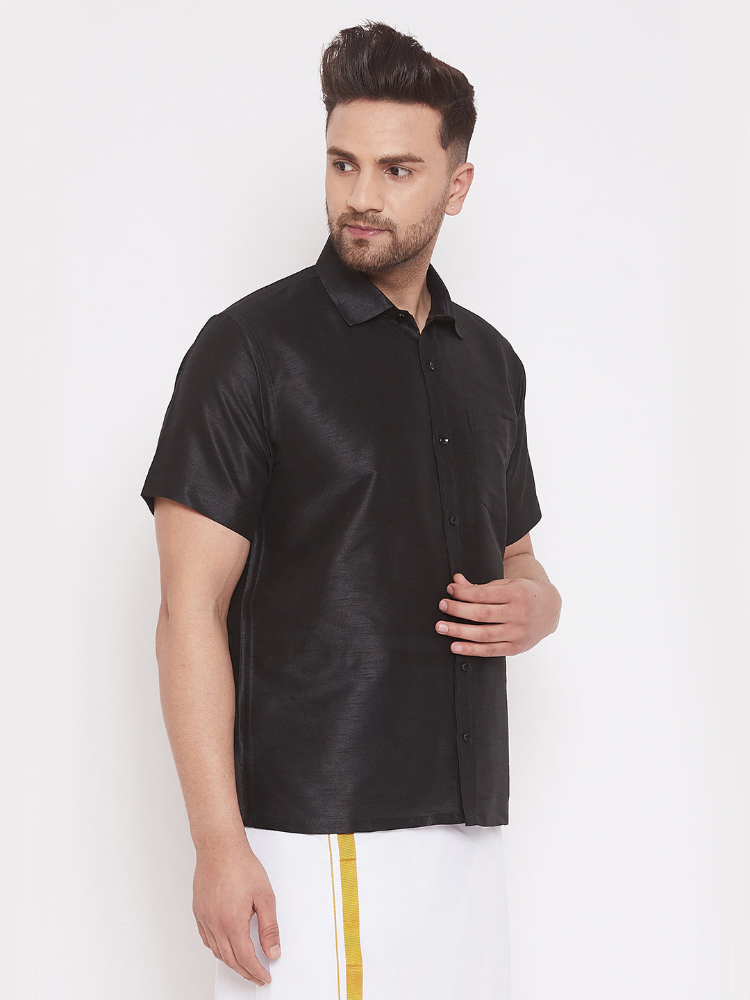 Vastramay Men's Black Silk Blend Ethnic Shirt