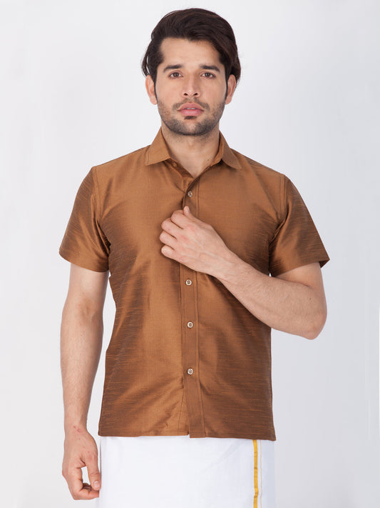 Vastramay Vastramay Men's Brown Silk Blend Ethnic Shirt