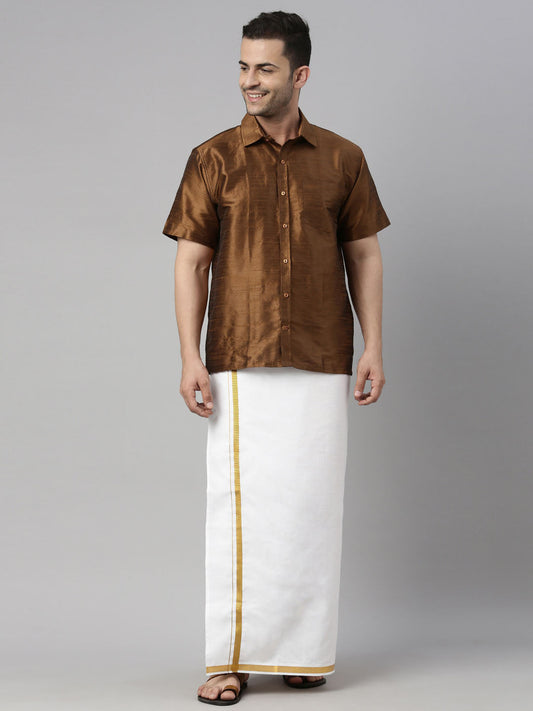 vastramay mens coffee color solid ethnic shirt and mundu set