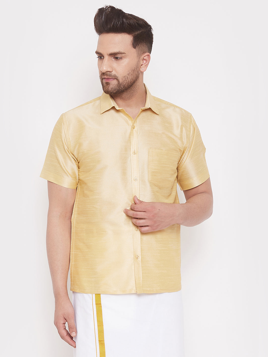 Vastramay Men's Gold Silk Blend Ethnic Shirt