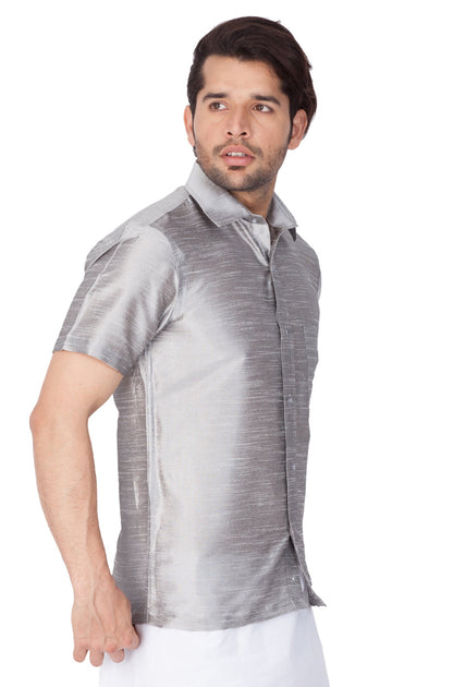 Vastramay Men's Grey Silk Blend Ethnic Shirt