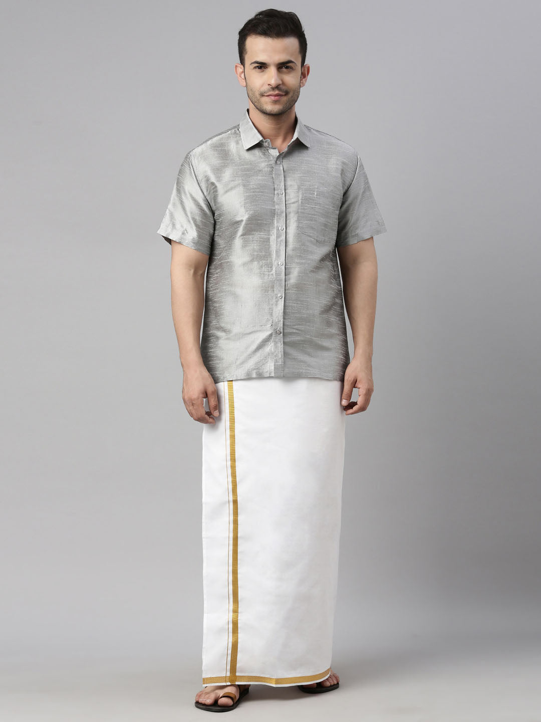 vastramay mens gray color solid ethnic shirt and mundu set