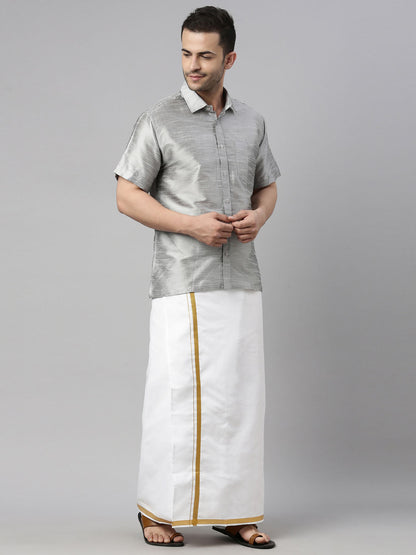 vastramay mens gray color solid ethnic shirt and mundu set