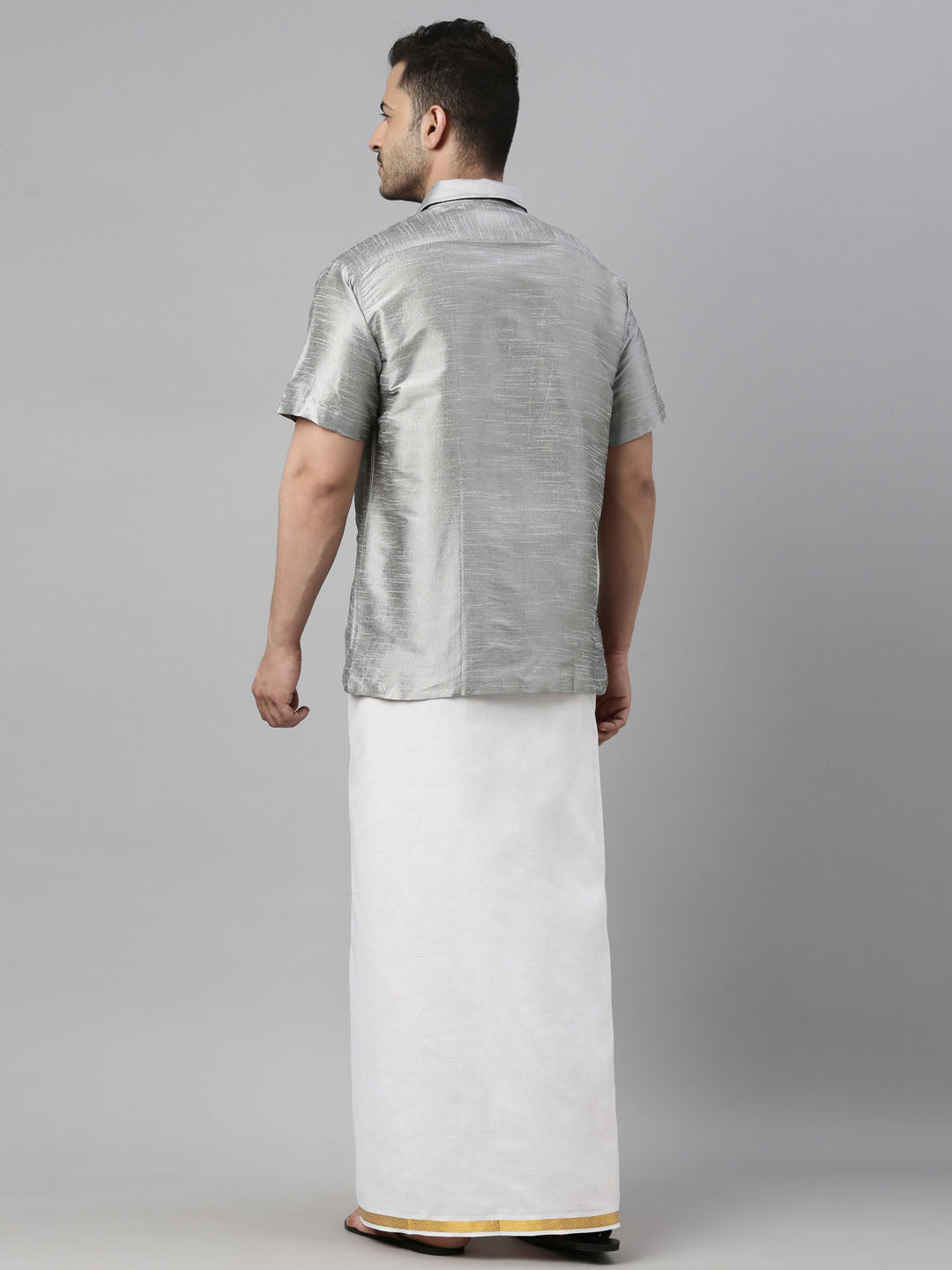 vastramay mens gray color solid ethnic shirt and mundu set