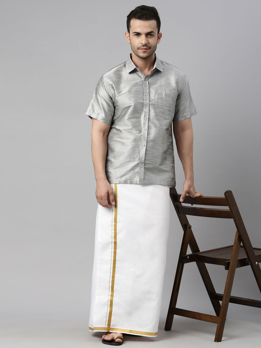 vastramay mens gray color solid ethnic shirt and mundu set