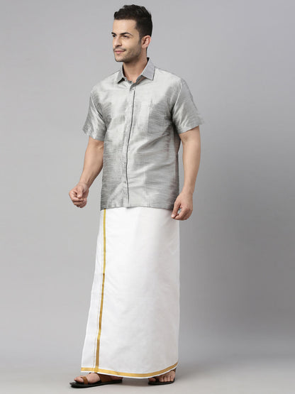 vastramay mens gray color solid ethnic shirt and mundu set