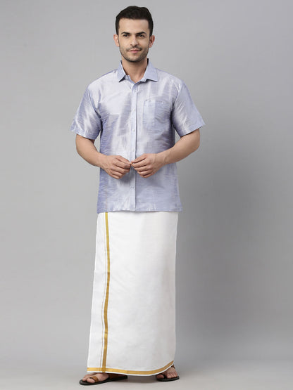 vastramay mens lavender color solid ethnic shirt and mundu set