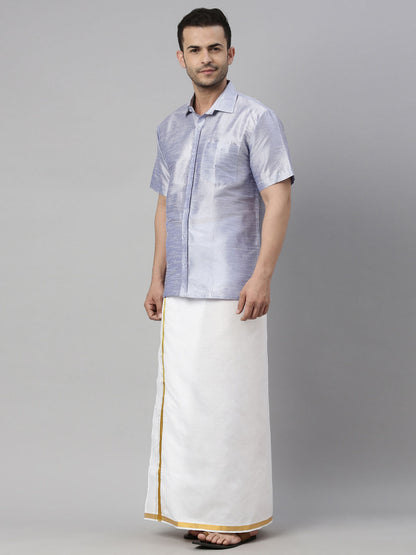 vastramay mens lavender color solid ethnic shirt and mundu set