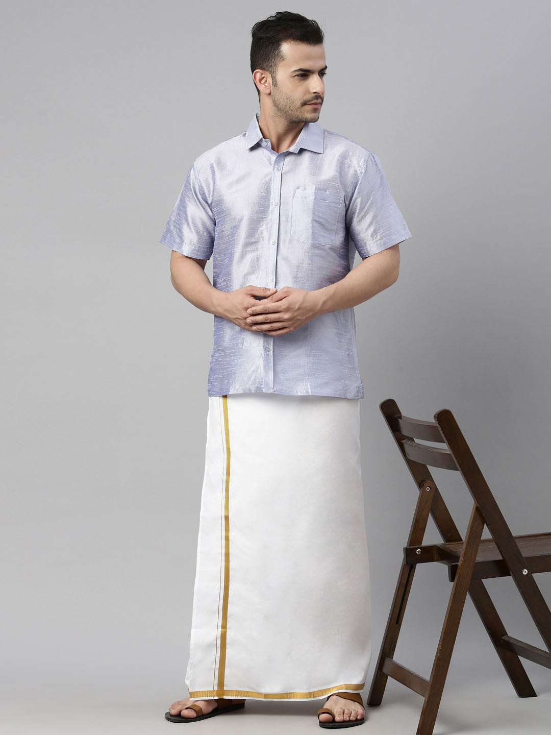 vastramay mens lavender color solid ethnic shirt and mundu set