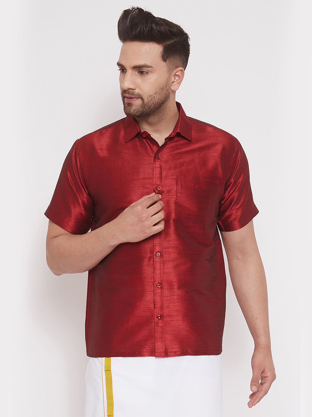 Vastramay Vastramay Men's Maroon Silk Blend Ethnic Shirt