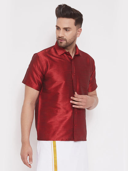 Vastramay Men's Maroon Silk Blend Ethnic Shirt