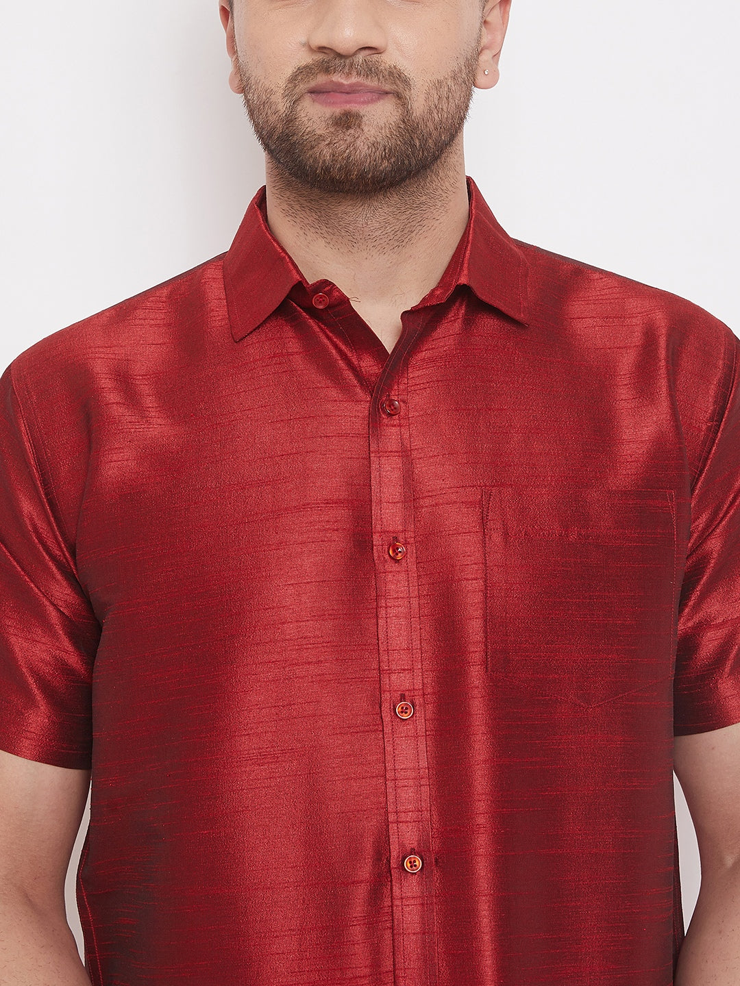 Vastramay Men's Maroon Silk Blend Ethnic Shirt