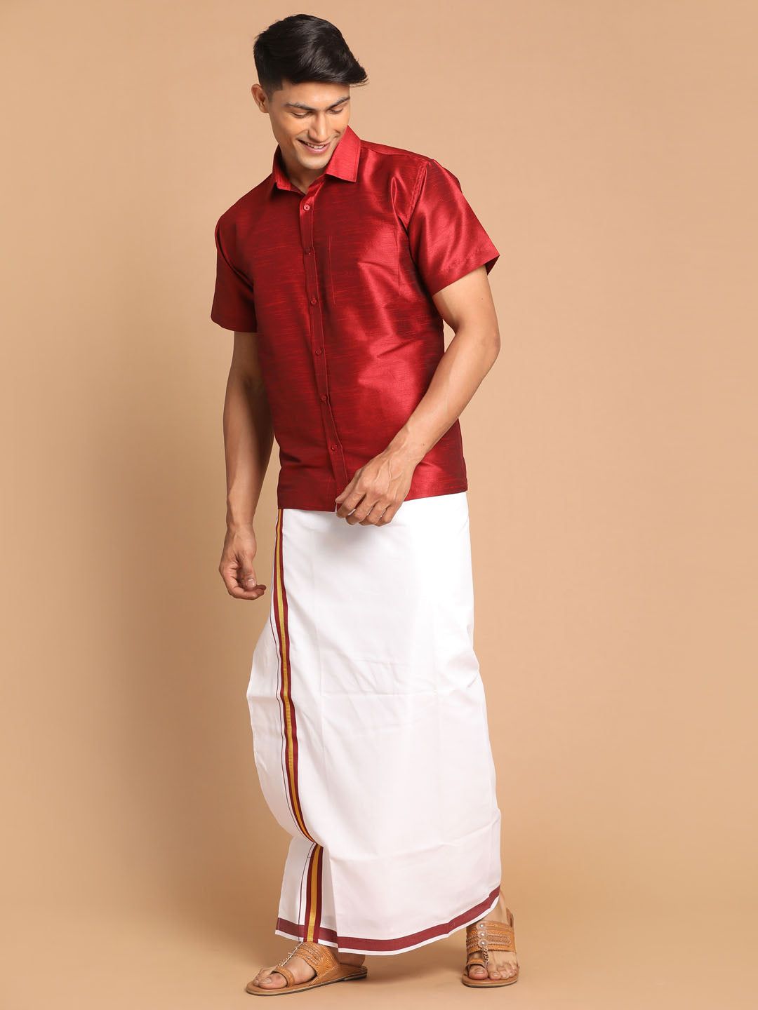 Vastramay Men's Maroon Silk Blend Shirt And Mundu Set