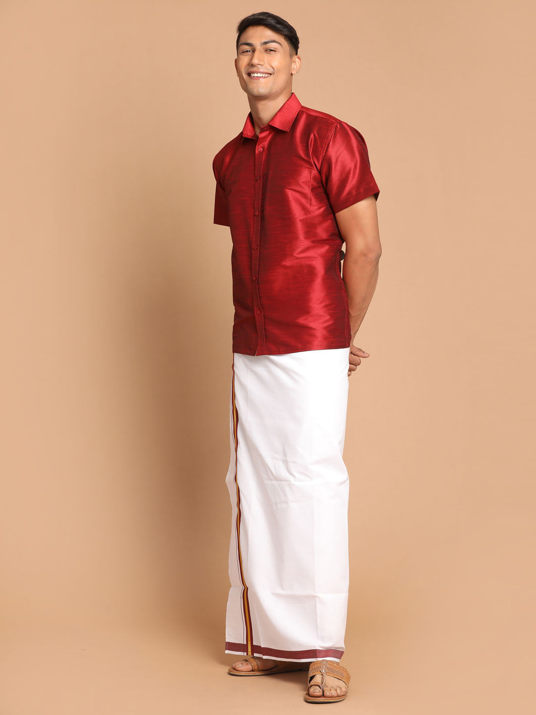 Vastramay Men's Maroon Silk Blend Shirt And Mundu Set