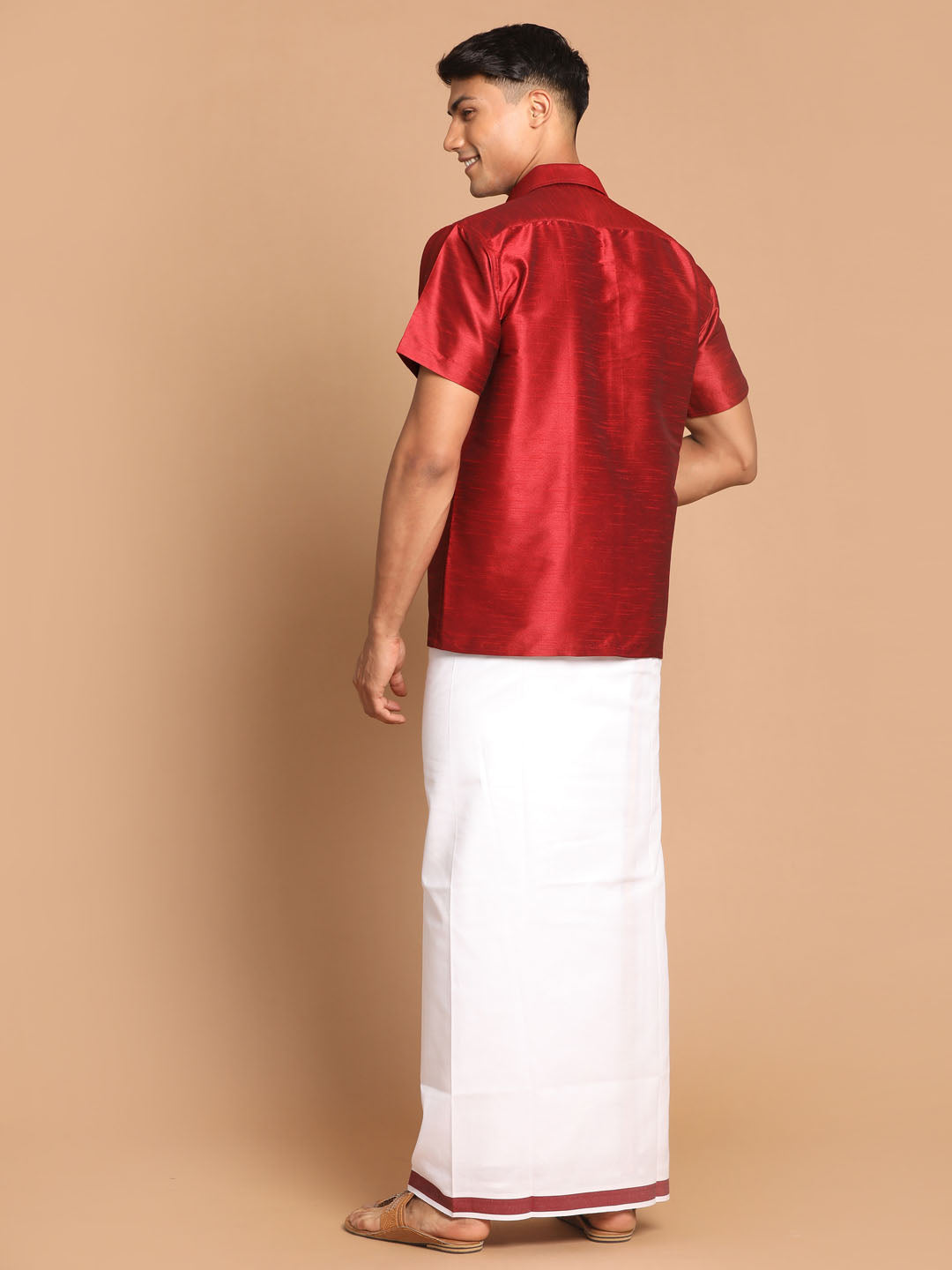 Vastramay Men's Maroon Silk Blend Shirt And Mundu Set