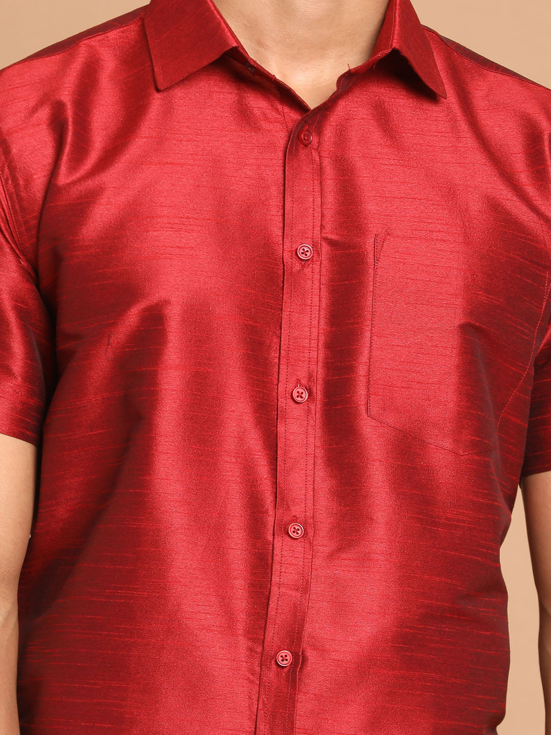 Vastramay Men's Maroon Silk Blend Shirt And Mundu Set