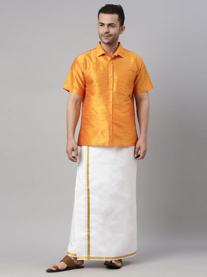 vastramay mens orange color solid ethnic shirt and mundu set