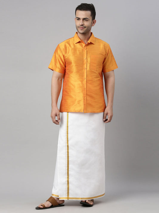 vastramay mens orange color solid ethnic shirt and mundu set