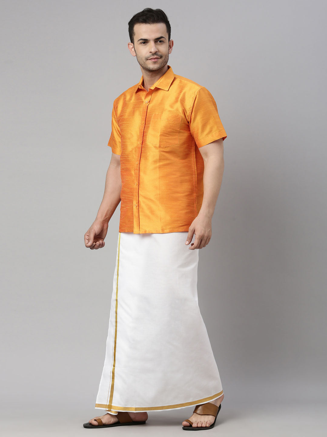 vastramay mens orange color solid ethnic shirt and mundu set