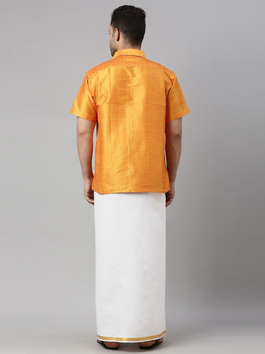 vastramay mens orange color solid ethnic shirt and mundu set