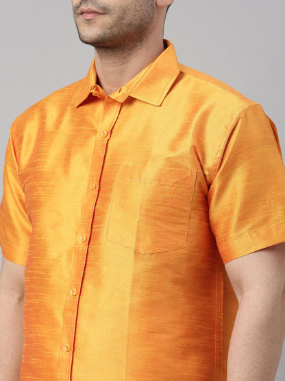 vastramay mens orange color solid ethnic shirt and mundu set