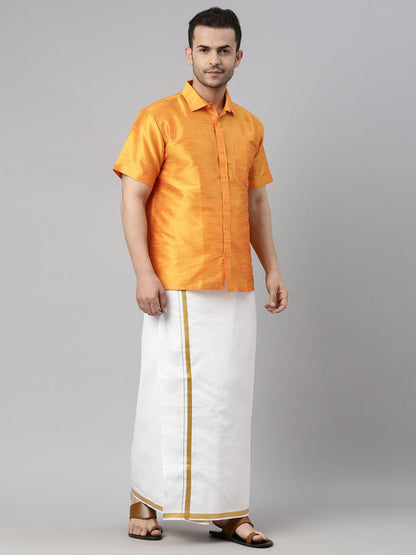 vastramay mens orange color solid ethnic shirt and mundu set