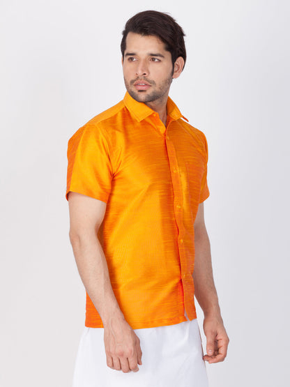 Vastramay Men's Orange Silk Blend Ethnic Shirt