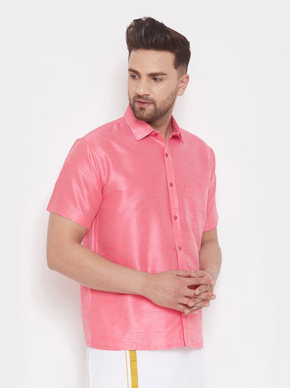 Vastramay Men's Pink Silk Blend Ethnic Shirt