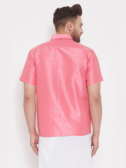 Vastramay Men's Pink Silk Blend Ethnic Shirt