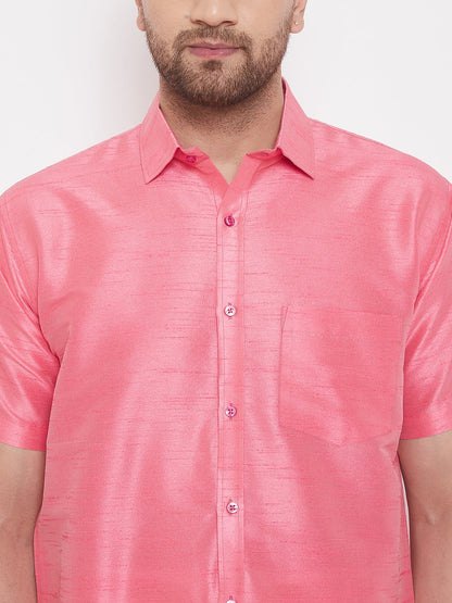 Vastramay Men's Pink Silk Blend Ethnic Shirt