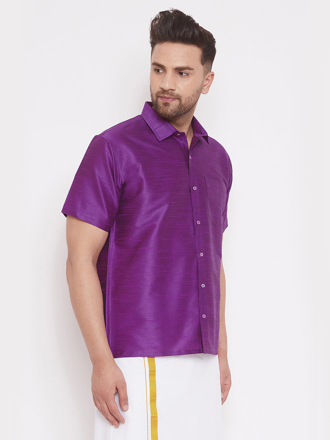 Vastramay Men's Purple Silk Blend Ethnic Shirt