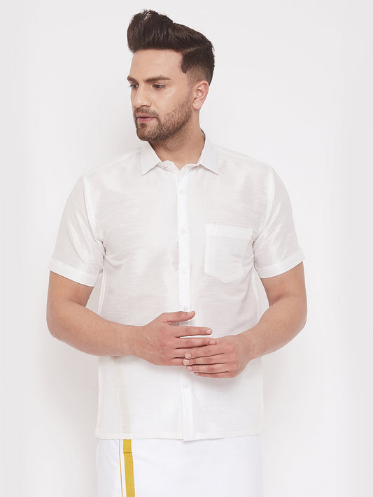 Vastramay Men's White Silk Blend Ethnic Shirt