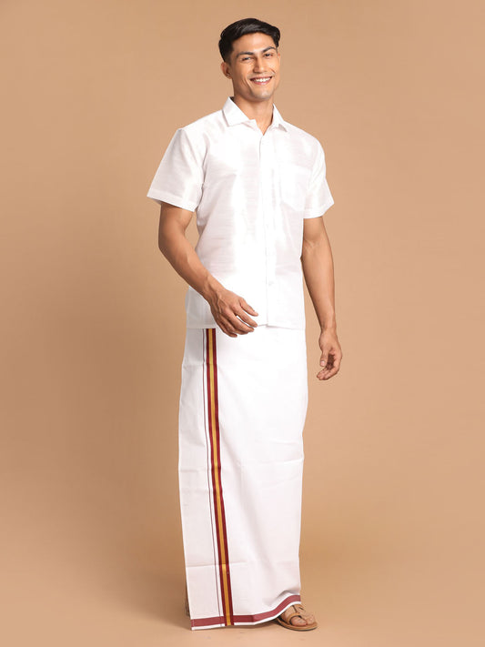 Vastramay Men's White Silk Blend Shirt And Mundu Set