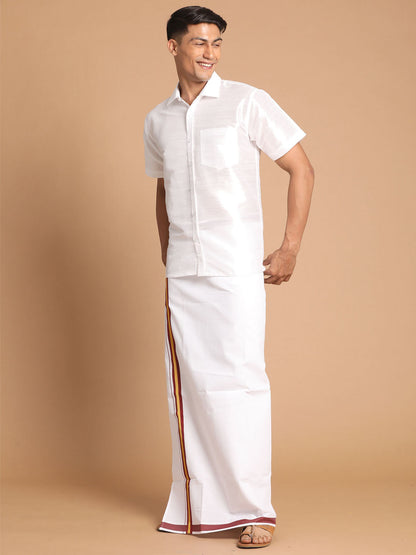 Vastramay Men's White Silk Blend Shirt And Mundu Set