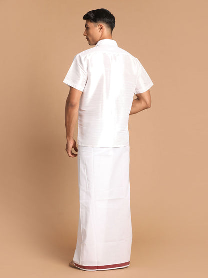 Vastramay Men's White Silk Blend Shirt And Mundu Set