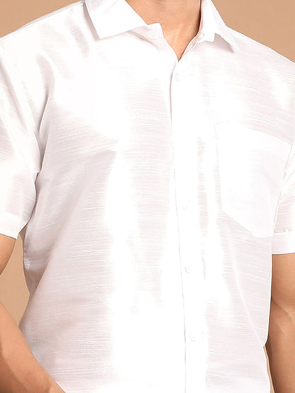 Vastramay Men's White Silk Blend Shirt And Mundu Set