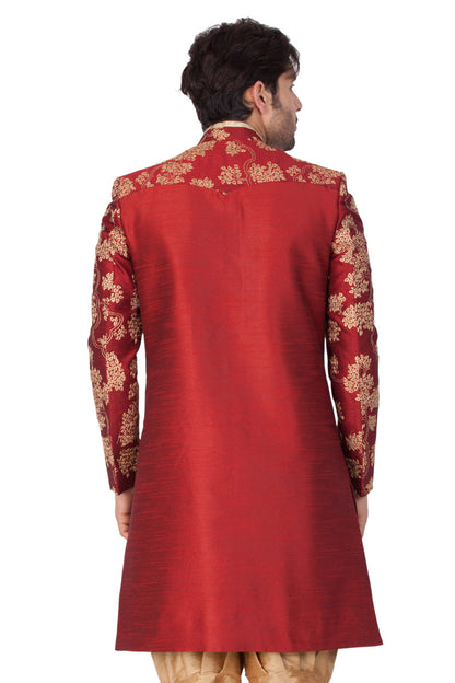 Vastramay  Men's Maroon Silk Blend Sherwani Only Top