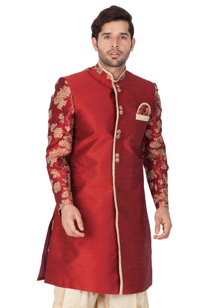 Vastramay  Men's Maroon Silk Blend Sherwani Only Top