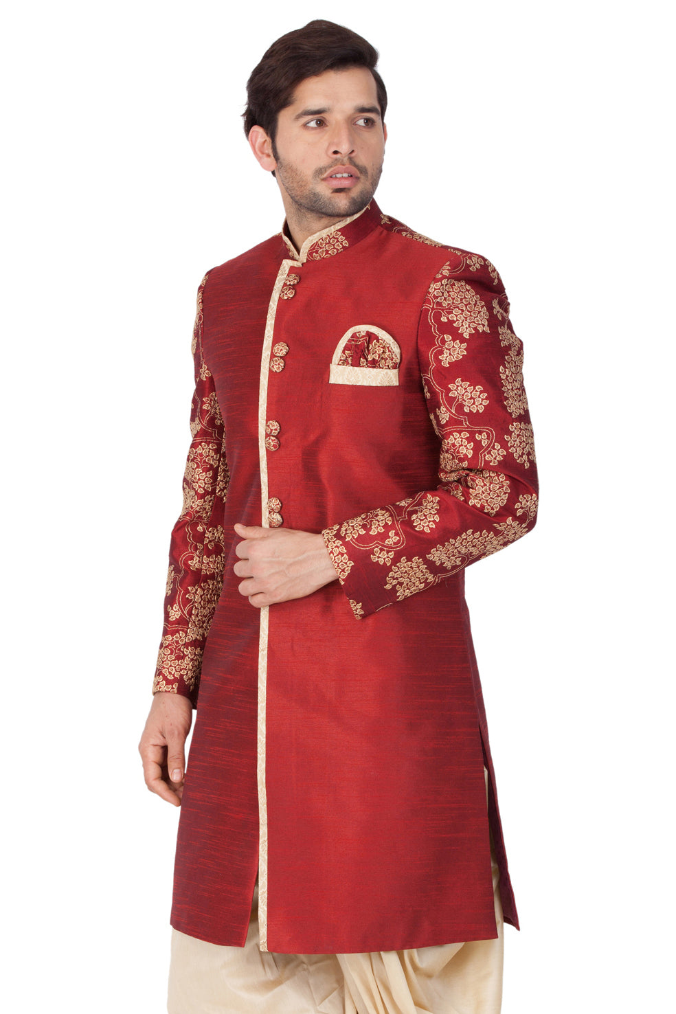 Vastramay  Men's Maroon Silk Blend Sherwani Only Top