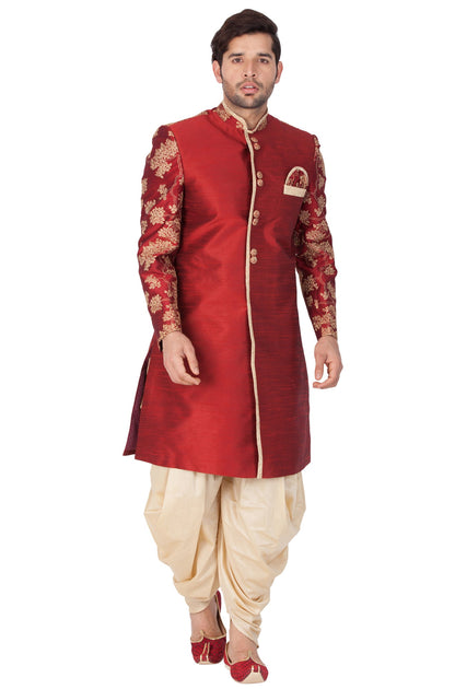 Vastramay  Men's Maroon Silk Blend Sherwani Only Top