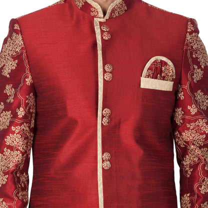 Vastramay  Men's Maroon Silk Blend Sherwani Only Top