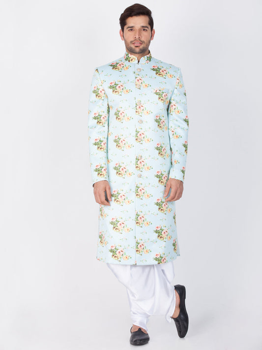 Vastramay Men's Green Base Multicolor Cotton Blend Sherwani Set