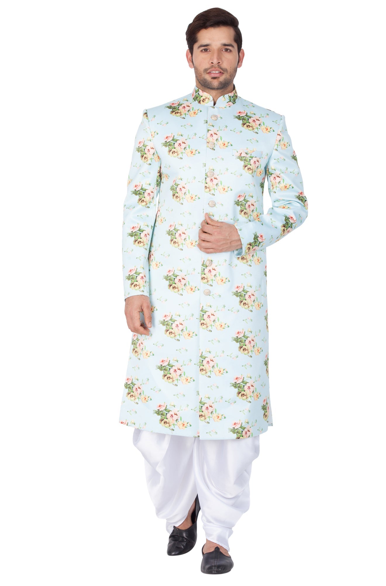 Vastramay Men's Light Green Base Multicolor Cotton Blend Sherwani Only Top