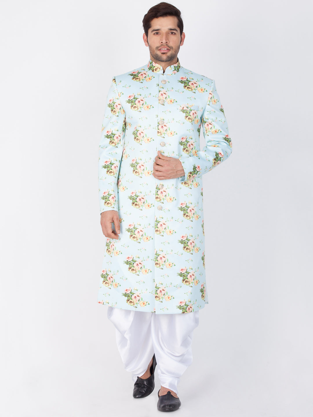 Vastramay Men's Green Base Multicolor Cotton Blend Sherwani Set