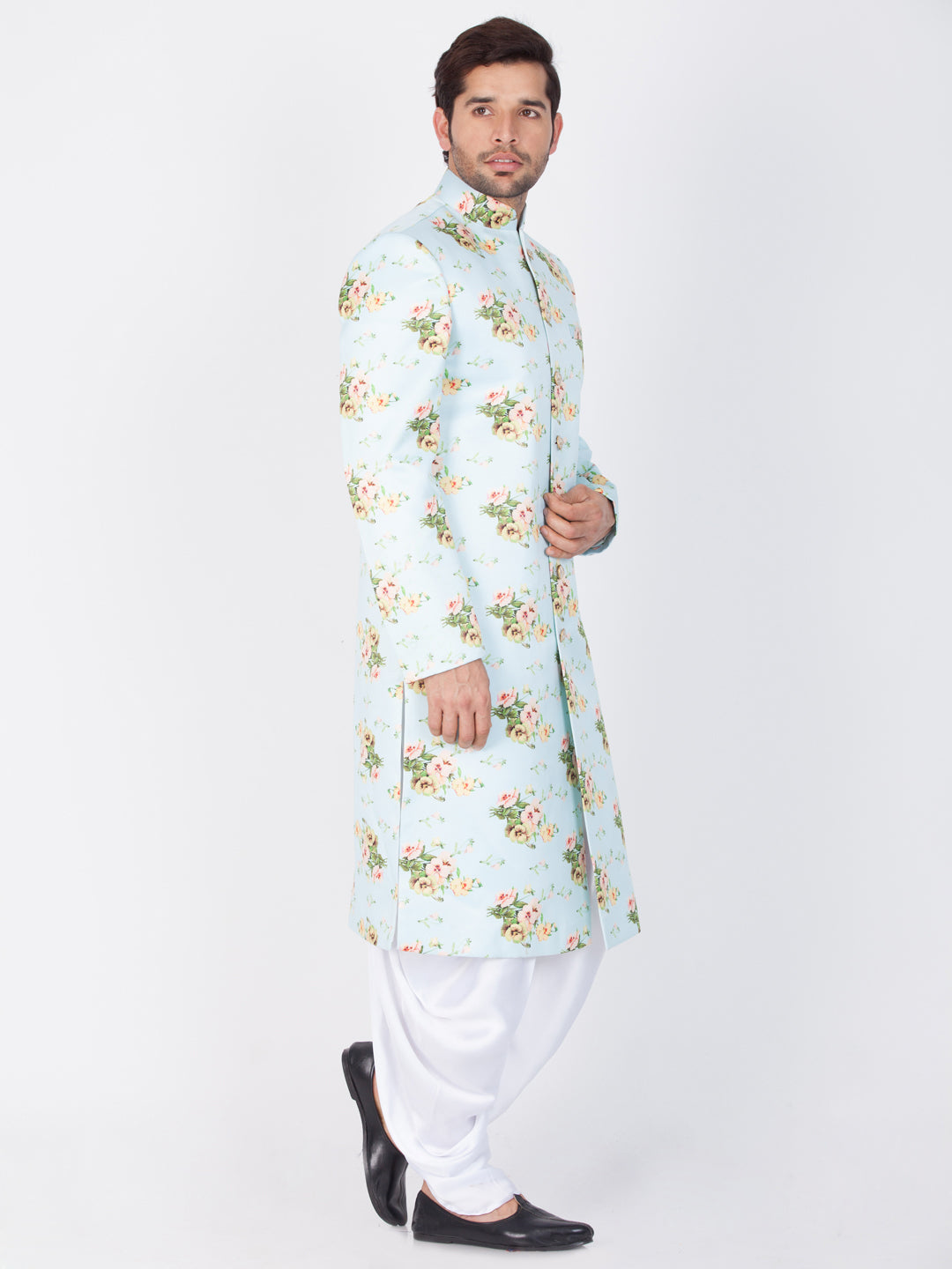 Vastramay Men's Green Base Multicolor Cotton Blend Sherwani Set