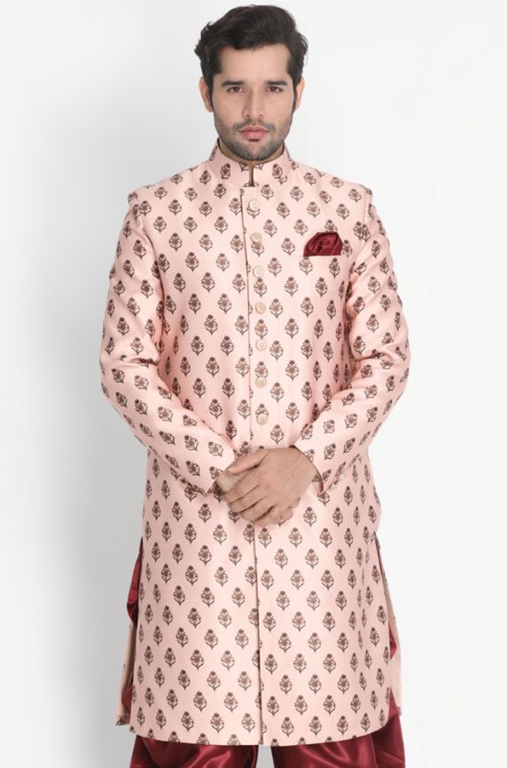 Vastramay Men's Pink Cotton Satin Blend Sherwani Only Top