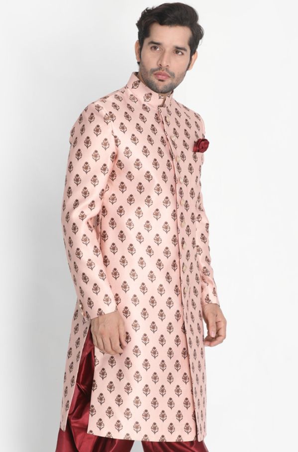 Vastramay Men's Pink Cotton Satin Blend Sherwani Only Top