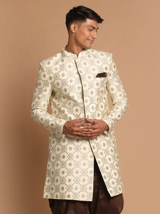 Vastramay Men's Beige Color Silk Blend Sherwani Top