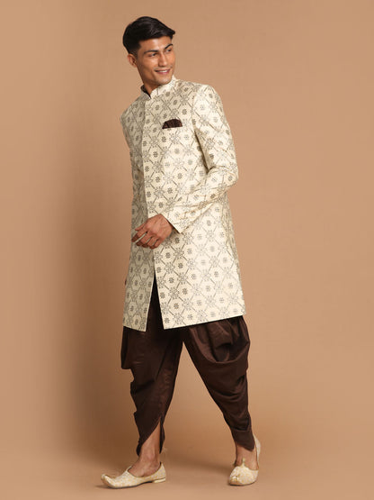 Vastramay Men's Beige And Coffee Silk Blend Royal Looking Sherwani Set