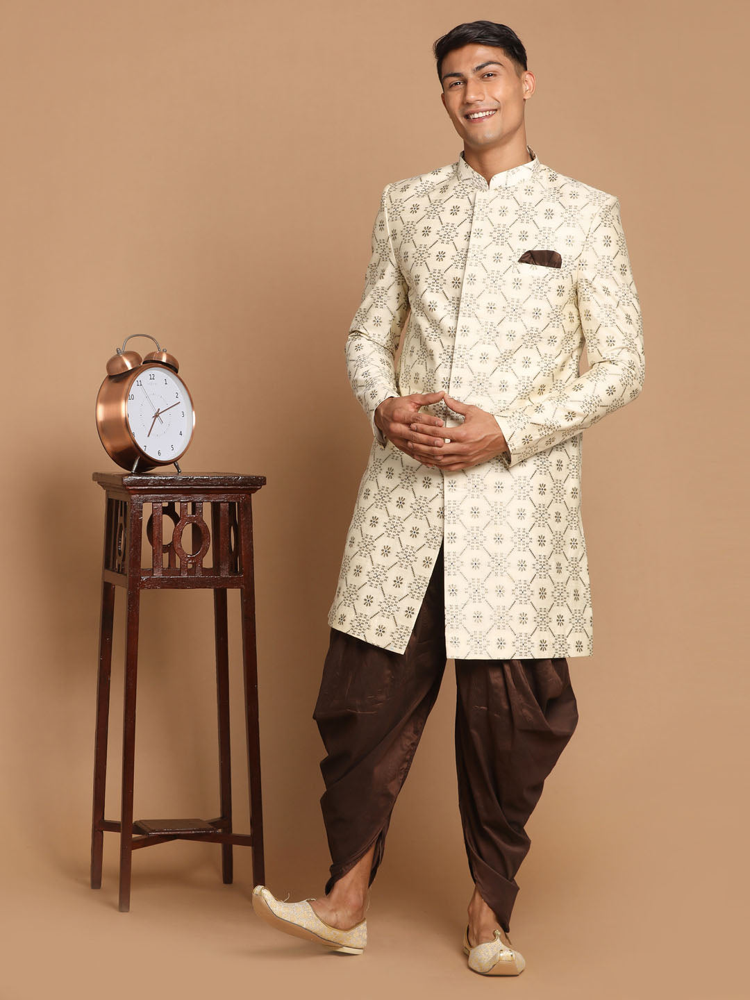 Vastramay Men's Beige And Coffee Silk Blend Royal Looking Sherwani Set